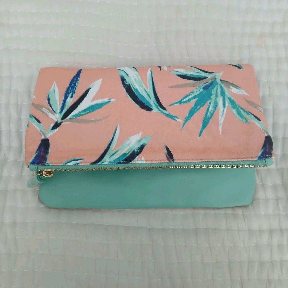 Rachel Pally Paradise Pink Mint Floral Fabric Faux Leather Reversib. Clutch NWOT